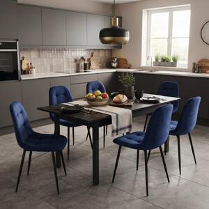 Set Masă Extensibilă Mara Negru Marmorat 130–170 × 75 cm cu 6 Scaune Gya Albastre, Tapițate, Picioare Metalice Negre