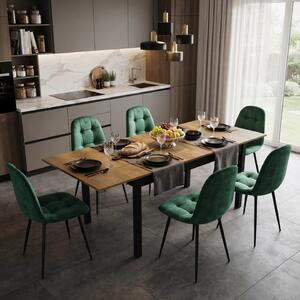 Set Masă Extensibilă Mara Nuc 130–170 × 75 cm cu 6 Scaune Gya Verde, Tapițate, Picioare Metalice Negre