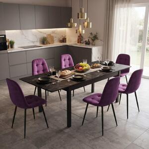 Set Masă Extensibilă Mara Negru Marmorat 130–170 × 75 cm cu 6 Scaune Gya Mov, Tapițate, Picioare Metalice Negre