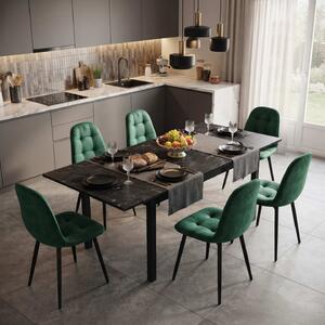 Set Masă Extensibilă Mara Negru Marmorat 130–170 × 75 cm cu 6 Scaune Gya Verde, Tapițate, Picioare Metalice Negre