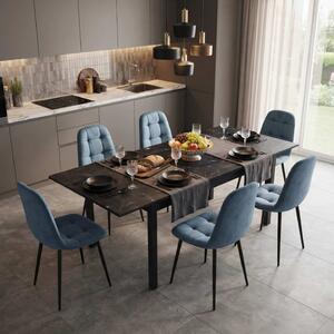 Set Masă Extensibilă Mara Negru Marmorat 130–170 × 75 cm cu 6 Scaune Gya Turcoaz, Tapițate, Picioare Metalice Negre