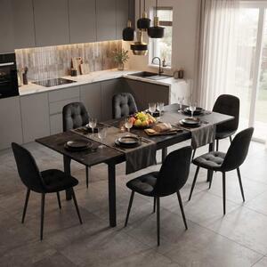 Set Masă Extensibilă Mara Negru Marmorat 130–170 × 75 cm cu 6 Scaune Gya Negre, Tapițate, Picioare Metalice Negre
