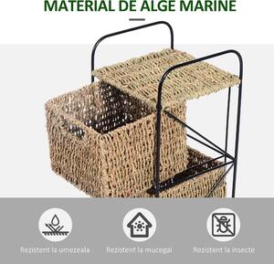 HomCom Mobilier cu 4 Coșuri pentru Casă din Alge marine și Fier, 20x20x78cm Negru și culoare naturală