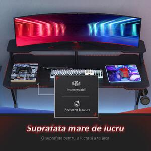HOMCOM Masă de Birou Gaming Ergonomică cu Suprafață Ridicată pentru Monitor și Cârlig pentru Căști, MDF și Oțel, Negru, 140x60x90cm | Aosom Romania
