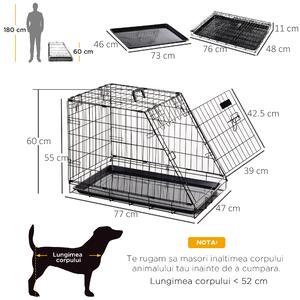 PawHut Cușcă de Transport pentru Câini, Metal și PP, Formă Trapezoidală pentru Mașină, cu Mâner, 76x48x55cm, Negru | Aosom Romania