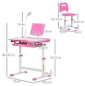 Banca scoala cu scaun HOMCOM pentru copii de 6-12 ani, inaltime reglabila, lampa LED, otel si MDF, roz | Aosom RO