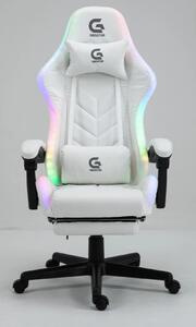Scaun gaming, sistem iluminare bandă LED RGB, masaj în perna lombară, suport picioare, Alb