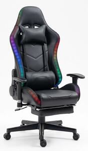 Scaun gaming cu sistem iluminare bandă LED RGB, masaj în perna lombară, suport picioare, funcție șezlong, 90-180 grade, piele ecologica Premium, Negru