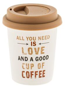 Cana ceramica de voiaj Pufo Love Coffee pentru cafea cu capac din silicon, 280 ml, alb