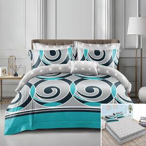 Lenjerie de pat, 2 persoane, bumbac satinat, 4 piese, cu elastic, gri si albastru, cu model, LS458