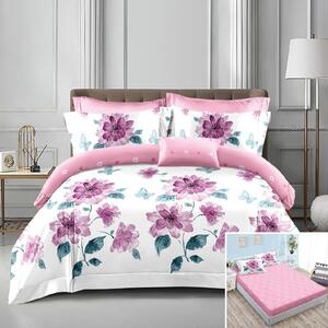 Lenjerie de pat, 2 persoane, bumbac satinat, 4 piese, cu elastic, roz si alb, cu flori, LS455