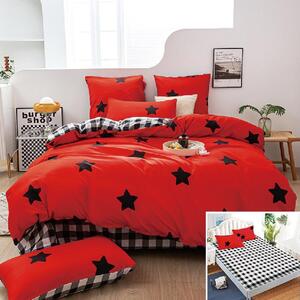 Lenjerie de pat, 2 persoane, bumbac satinat, 4 piese, cu elastic, rosu , cu stelute negre, LS456