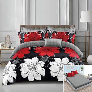 Lenjerie de pat, 2 persoane, bumbac satinat, 4 piese, cu elastic, negru , cu flori albe si rosii, LS452