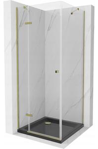 Mexen Roma, cabină de duș cu ușă baton 80 (uşă) x 80 (perete) cm, sticlă transparentă 6 mm, profil auriu + cadă de duș subțire neagră + sifon auriu, 854-080-080-50-00-4070G