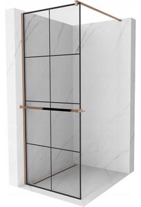 Mexen Kioto, paravan de duș cu poliță și suport pentru prosoape 70 x 200 cm, sticlă transparentă de 8 mm cu model negru, profil auriu roz, 800-070-121-60-77