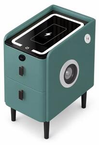 Noptiera inteligenta slim cu incarcare wireless, iluminare LED, difuzor Bluetooth, port USB & Type-C si sistem cu amprenta – culoare verde, 2 sertare, design modern din sticla si lemn