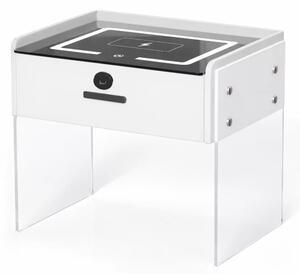 Noptiera inteligenta cu incarcare wireless, iluminare LED, 1 sertar de depozitare, difuzor Bluetooth si inchidere prin amprenta – alba, design modern din sticla si lemn