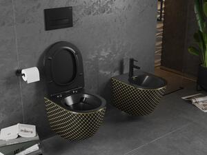 Mexen Lena vas de toaletă Rimless cu capac slim cu închidere lentă, duroplast, Neagră/aurie model tip carouri - 30224079