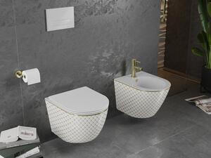 Mexen Lena vas de toaletă Rimless cu capac slim cu închidere lentă, duroplast, Albă/aurie model tip carouri - 30224009