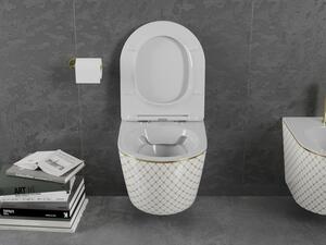 Mexen Lena vas de toaletă Rimless cu capac slim cu închidere lentă, duroplast, Albă/aurie model tip carouri - 30224009