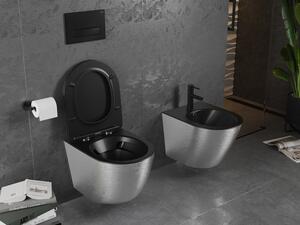 Mexen Lena vas de toaletă Rimless cu capac slim cu închidere lentă, duroplast, Negru mat/Argintiu model tip linii - 30224073