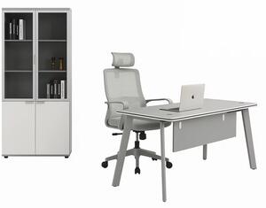 Set Serenity & Calvena - Birou cu dulap lateral, scaun ergonomic si dulap de depozitare cu usi din sticla