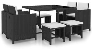 Set mobilier de exterior cu perne, 9 piese, negru, poliratan