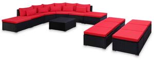 Set mobilier de grădină cu perne, 9 piese, roșu, poliratan