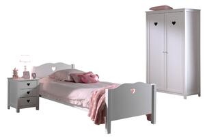 Această combinație AMORI în alb constă dintr-un pat (90 x 200 cm), noptieră și dulap cu 2 uși