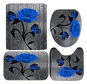 Set baie 4 piese: perdea, covorase si husa de toaleta, Dark Blue Rose
