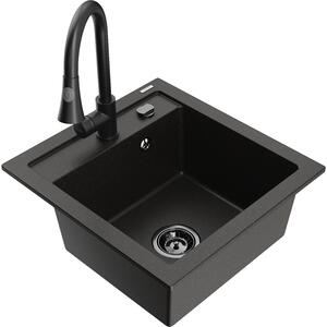 Mexen Vito chiuvetă de granit cu 1 compartiment și baterie de bucătărie Elia, Neagră/Auriu metalic - 6503-75-670101-70-B