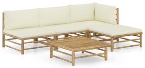 Set mobilier de grădină, cu perne alb crem, 5 piese, bambus