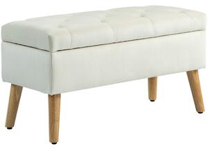 HOMCOM Taburet cu Depozitare In Catifea Picioare In Lemn Di Cauciuc 80x35x42 cm Crem | Aosom Romania