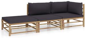 Set mobilier de grădină cu perne gri închis, 3 piese, bambus