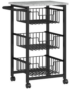 HOMCOM Cărucior de bucătărie cu 3 coșuri și mâner, din oțel și lemn, 49,5x31x69 cm, negru și gri deschis | Aosom Romania