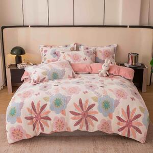 Lenjerie de pat, Cocolino, 1 persoana, 4 piese, roz si alb, cu flori, CCP102
