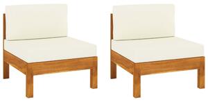 Canapea de mijloc cu perne alb/crem, 2 buc., lemn masiv acacia