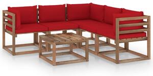 Set mobilier de grădină cu perne roșii, 6 piese lemn pin tratat
