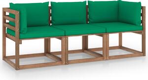 Canapea din paleți de grădină, 3 locuri, perne verzi, lemn pin