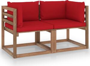 Canapea din paleți de grădină, 2 locuri, perne roșii, lemn pin