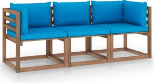 Canapea din paleți de grădină, 3 locuri, perne bleu, lemn pin