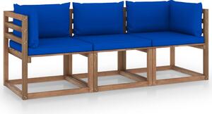 Canapea din paleți de grădină 3 locuri perne albastre, lemn pin
