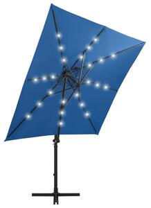 Umbrelă suspendată cu stâlp și LED-uri, albastru azuriu, 250 cm