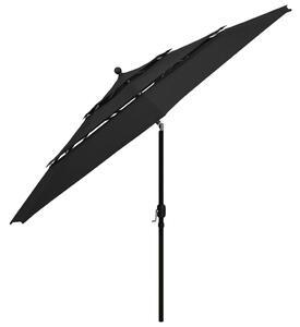 Umbrelă de soare 3 niveluri, stâlp de aluminiu, negru, 3,5 m