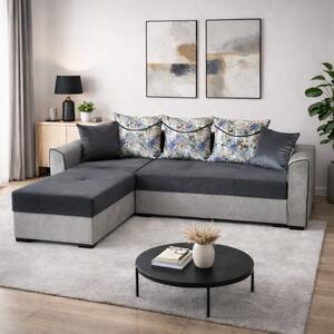 Coltar Lori, 4 locuri, cu 2 lazi de depozitare, catifea, 260x95x80 cm, culoare gri inchis cu gri deschis Stânga, catifea, Gri Inchis + Gri Deschis