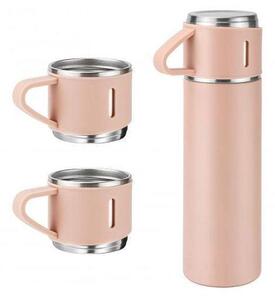 Set 4 piese: Termos 500 ml + 3 cesti, otel inoxidabil, Roz