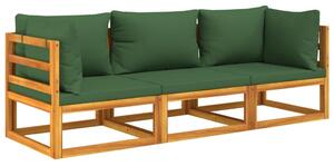 Set mobilier de grădină cu perne verzi, 3 piese, lemn masiv