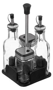 Set recipiente condimente pentru masa: sticle de ulei de masline si otet + piper si sare