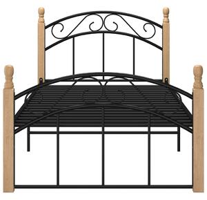 Cadru de pat, negru, 90x200 cm, metal și lemn masiv de stejar
