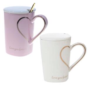 Set 2 cani cu capac din ceramica si lingurita Pufo Love you Sweetheart pentru cafea sau ceai, 350 ml, alb/roz